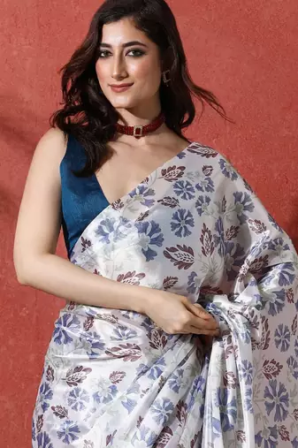 White ready to wear satin floral digital printed saree