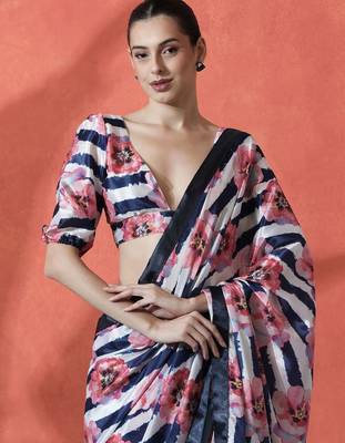 White ready to wear satin floral digital printed saree 1