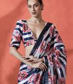 White ready to wear satin floral digital printed saree