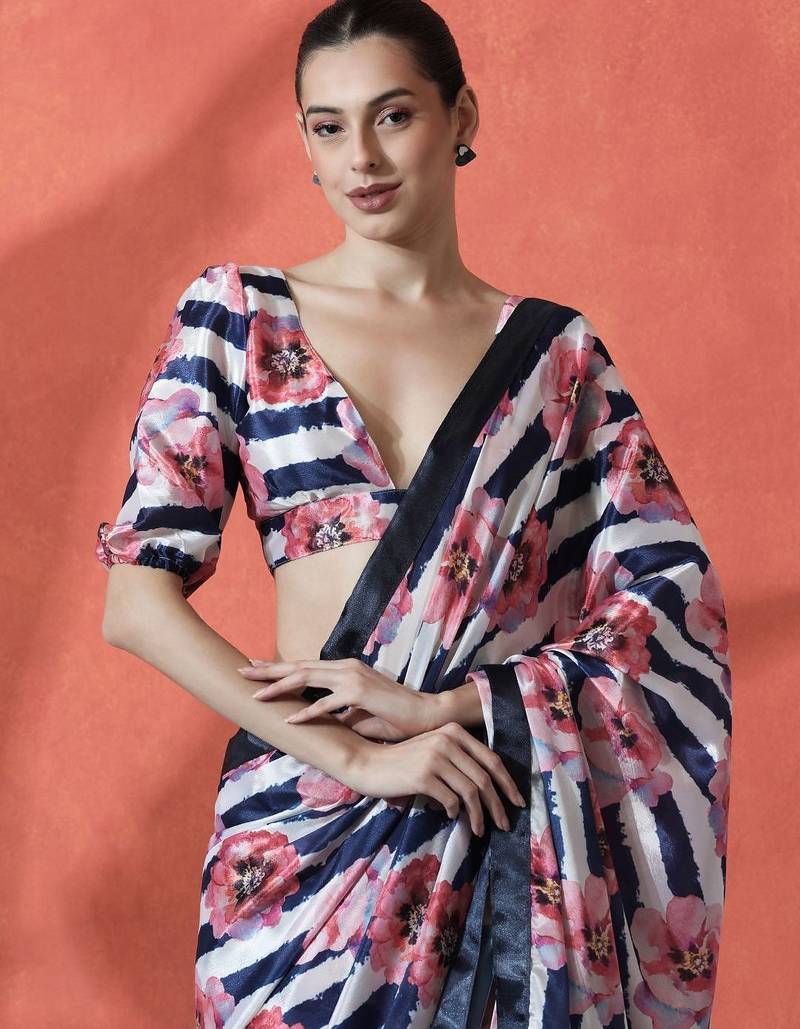 White ready to wear satin floral digital printed saree