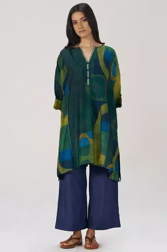 Deep green and blue abstract silk co-ord set