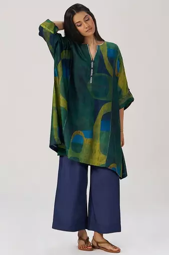 Deep green and blue abstract silk co-ord set