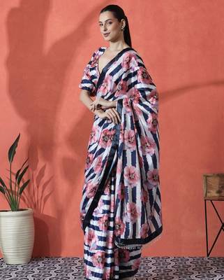White ready to wear satin floral digital printed saree 4