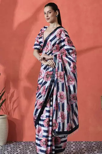 White ready to wear satin floral digital printed saree