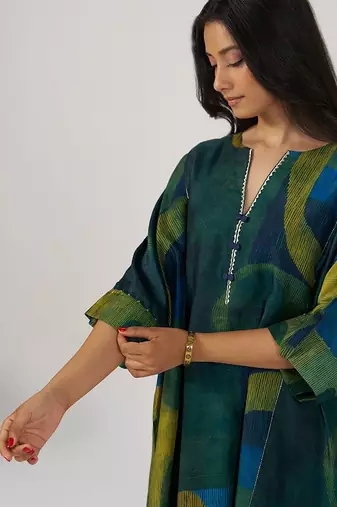 Deep green and blue abstract silk co-ord set