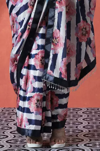 White ready to wear satin floral digital printed saree
