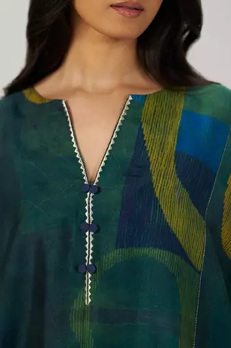 Deep green and blue abstract silk co-ord set