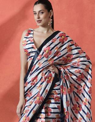 White ready to wear satin floral digital printed saree 1
