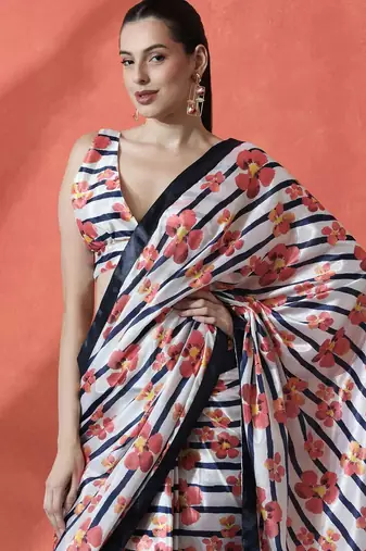 White ready to wear satin floral digital printed saree