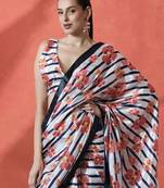 White ready to wear satin floral digital printed saree