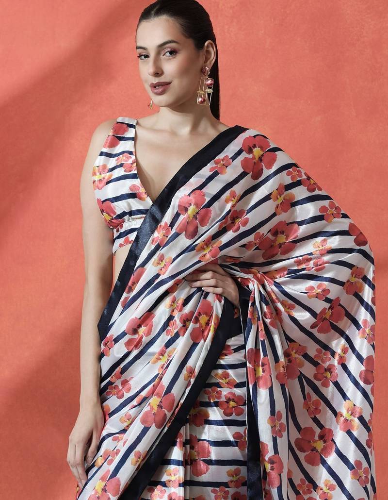 White ready to wear satin floral digital printed saree