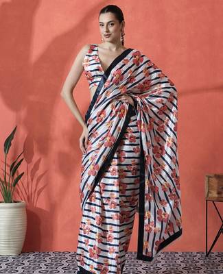 White ready to wear satin floral digital printed saree 2