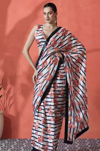 White ready to wear satin floral digital printed saree