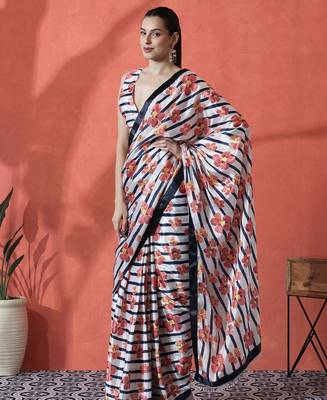White ready to wear satin floral digital printed saree 3
