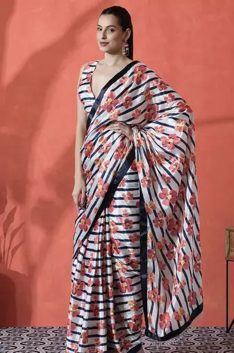 White ready to wear satin floral digital printed saree