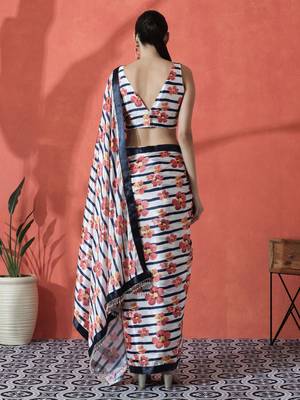 White ready to wear satin floral digital printed saree 4