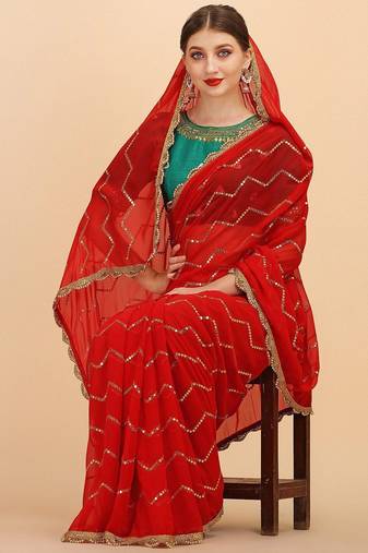 Red stripped embellished sequinned saree with embroidered blouse