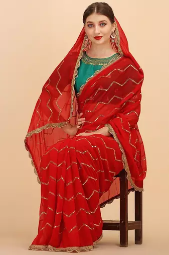 Red stripped embellished sequinned saree with embroidered blouse