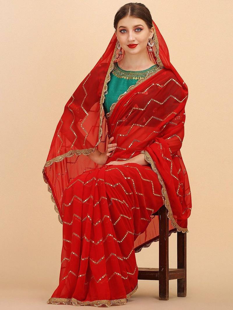 Red stripped embellished sequinned saree with embroidered blouse