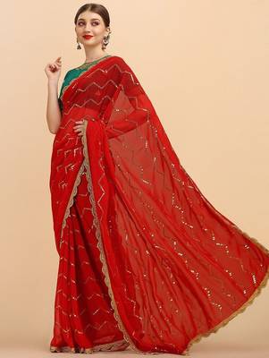Red stripped embellished sequinned saree with embroidered blouse 2