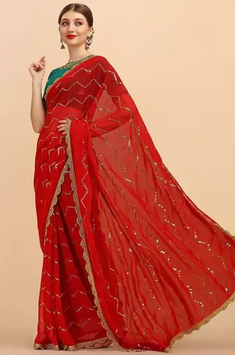 Red stripped embellished sequinned saree with embroidered blouse