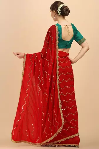 Red stripped embellished sequinned saree with embroidered blouse