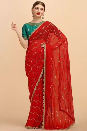 Red stripped embellished sequinned saree with embroidered blouse