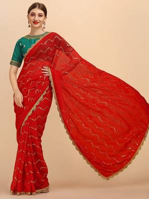 Red stripped embellished sequinned saree with embroidered blouse 5
