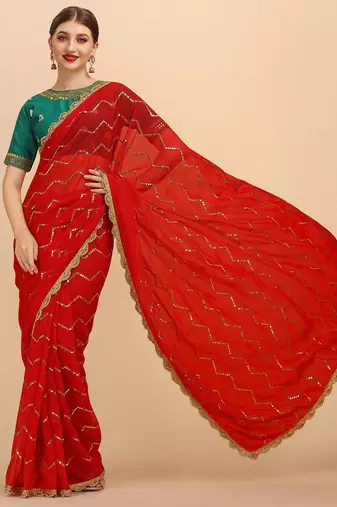 Red stripped embellished sequinned saree with embroidered blouse