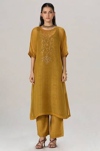Mustard and brown sheer kurta with brocade festive co-ord set