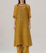 Mustard and brown sheer kurta with brocade festive co-ord set