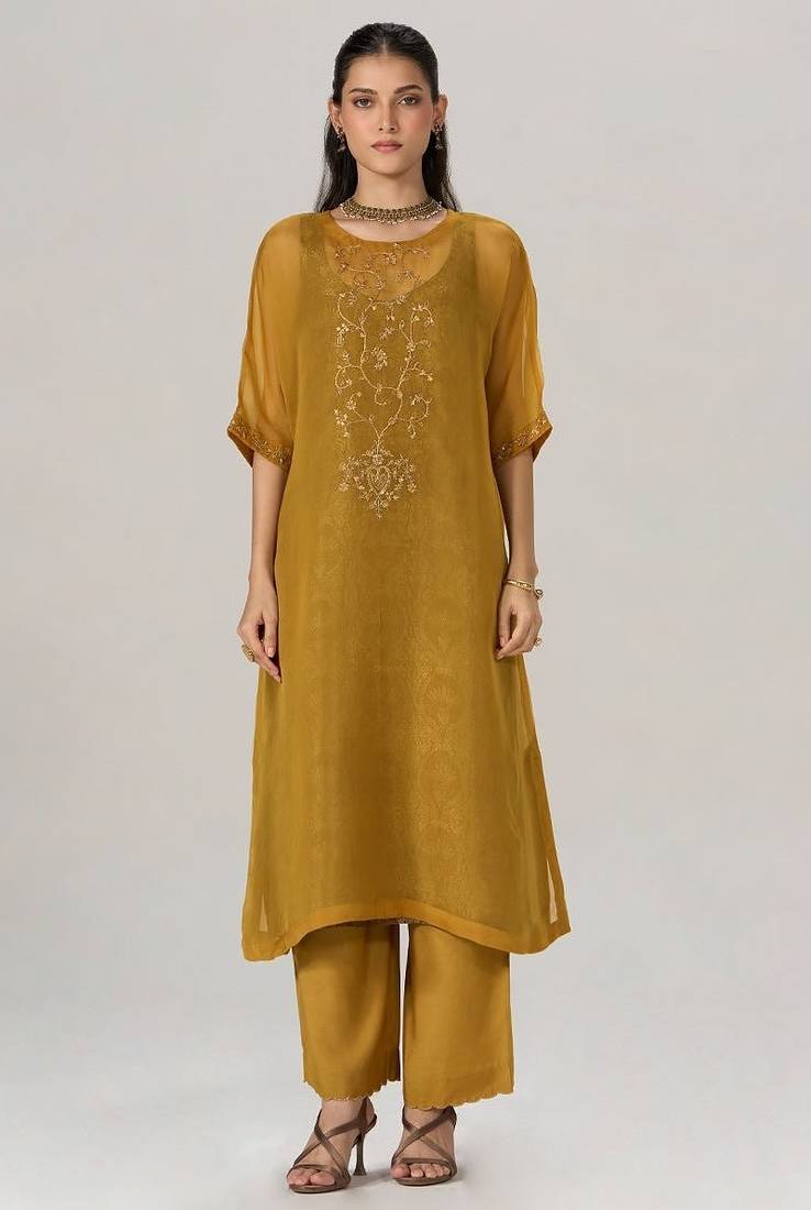 Mustard and brown sheer kurta with brocade festive co-ord set