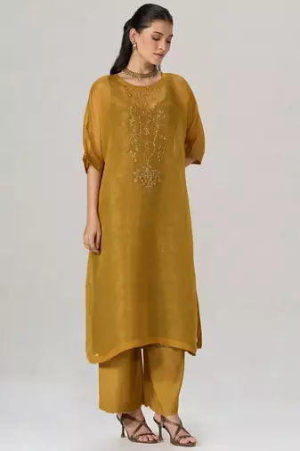 Mustard and brown sheer kurta with brocade festive co-ord set