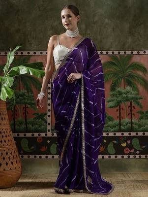 Purple embellished embroidered laheriya printed georgette ready to wear saree 1