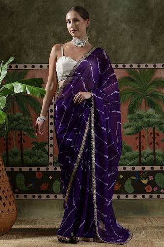 Purple embellished embroidered laheriya printed georgette ready to wear saree