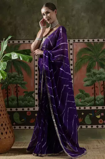 Purple embellished embroidered laheriya printed georgette ready to wear saree