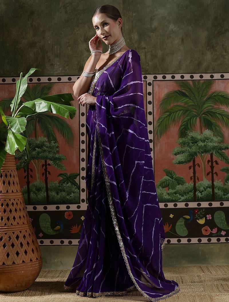 Purple embellished embroidered laheriya printed georgette ready to wear saree