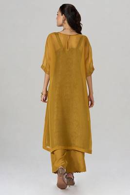 Mustard and brown sheer kurta with brocade festive co-ord set 4