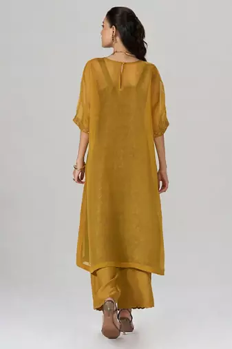 Mustard and brown sheer kurta with brocade festive co-ord set