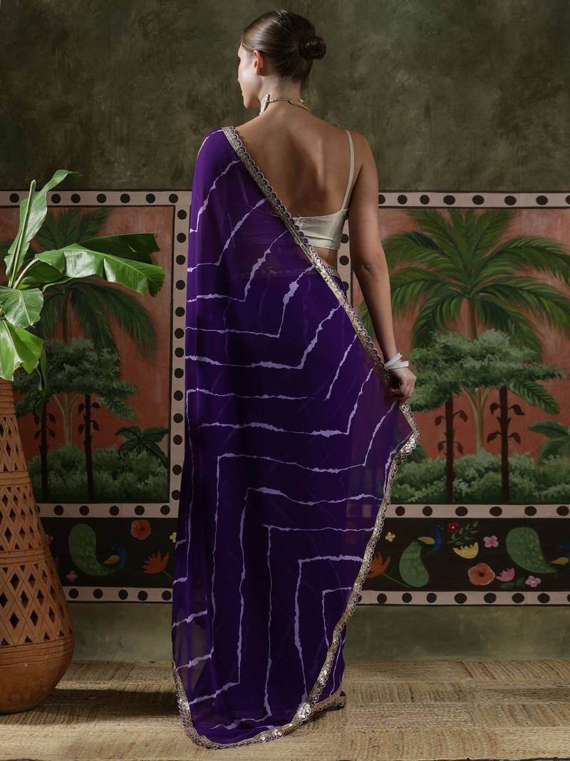 Purple embellished embroidered laheriya printed georgette ready to wear saree