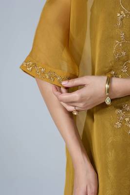 Mustard and brown sheer kurta with brocade festive co-ord set 5