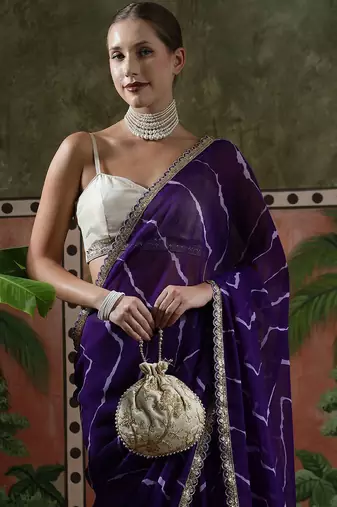 Purple embellished embroidered laheriya printed georgette ready to wear saree