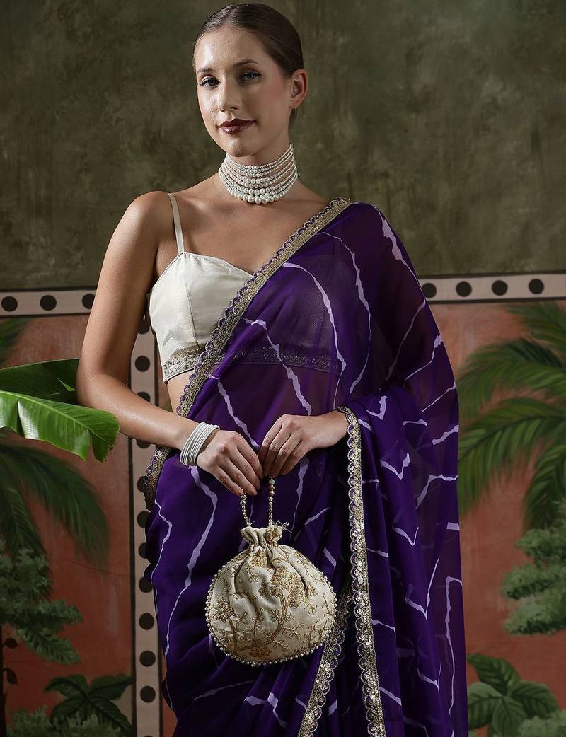 Purple embellished embroidered laheriya printed georgette ready to wear saree