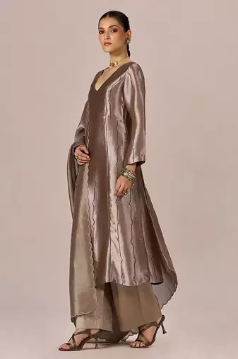 Light brown and soft gold tissue festive kurta set