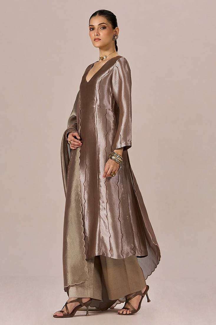 Light brown and soft gold tissue festive kurta set