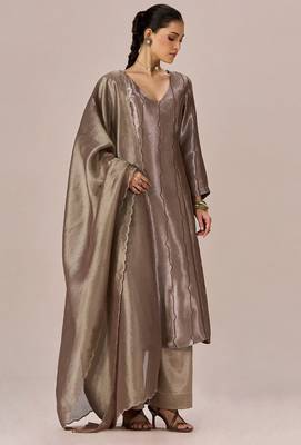 Light brown and soft gold tissue festive kurta set 2