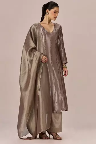 Light brown and soft gold tissue festive kurta set