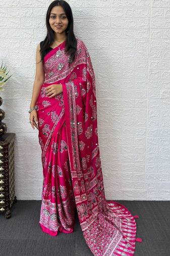 Pink ajrak block mirror work bandhani saree