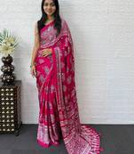 Pink ajrak block mirror work bandhani saree