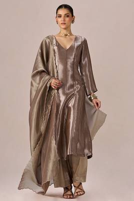 Light brown and soft gold tissue festive kurta set 4